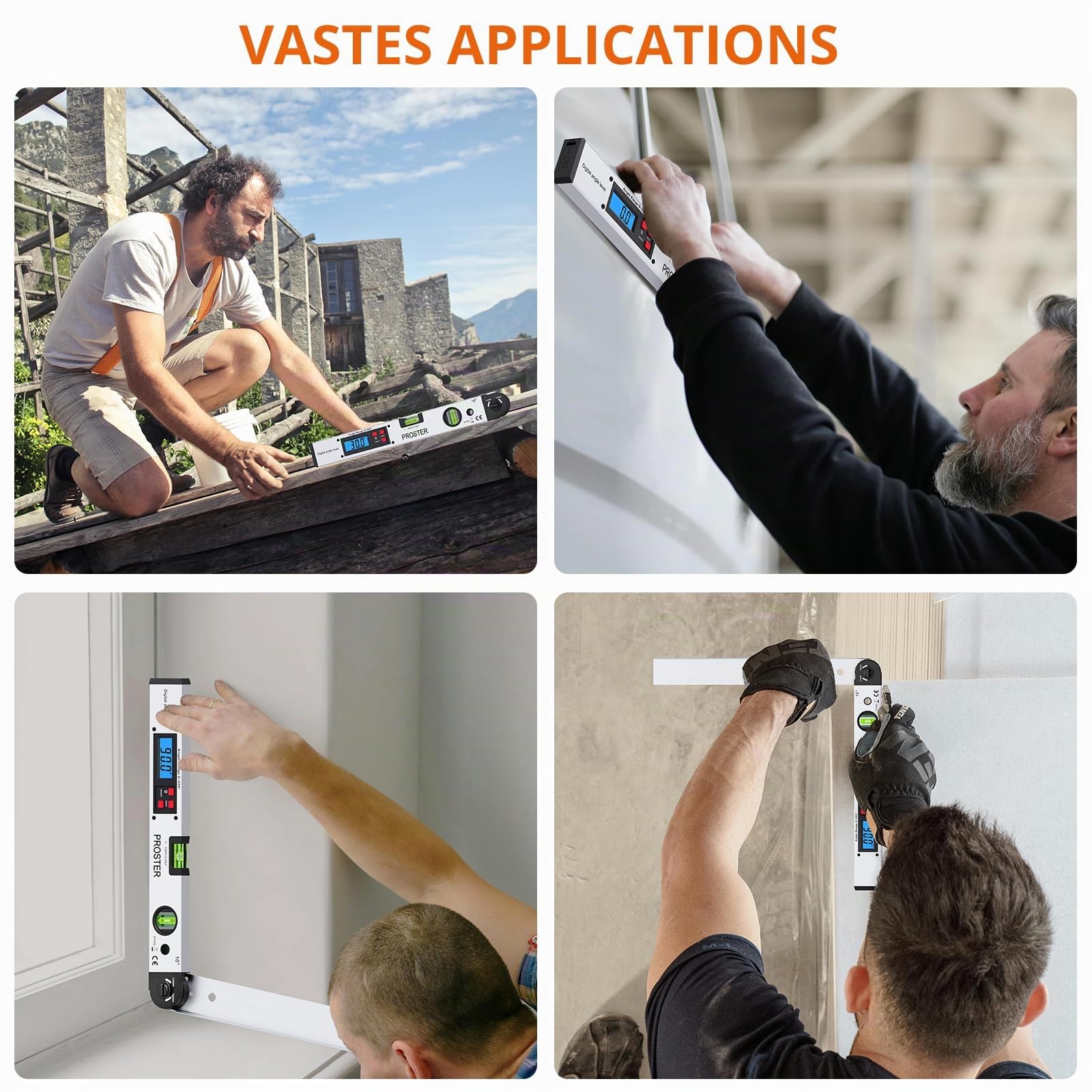Proster Rapporteur d’Angle Numérique 0–225° - Règle d’Angle 400 mm / 16 Pouces avec LCD Rétroéclairé, HOLD, Niveaux à Bulle, Fausse Équerre pour Menuiserie, Charpente, Bricolage (Argent)