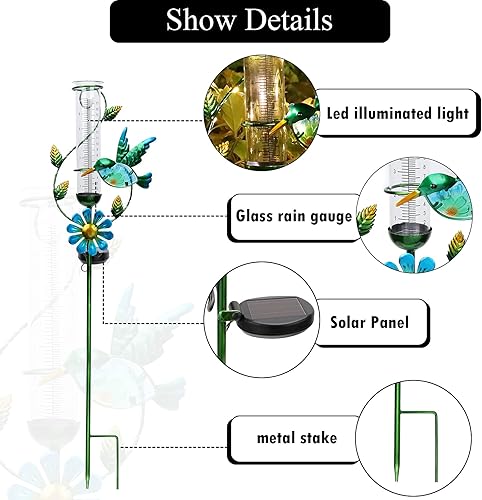 Miniatura 7 de MUMTOP Medidor de Lluvia para Exteriores, Estaca Decorativa de Colibrí de Metal con Flores, Alimentada por Energía Solar para Césped, Patio y Jardín
