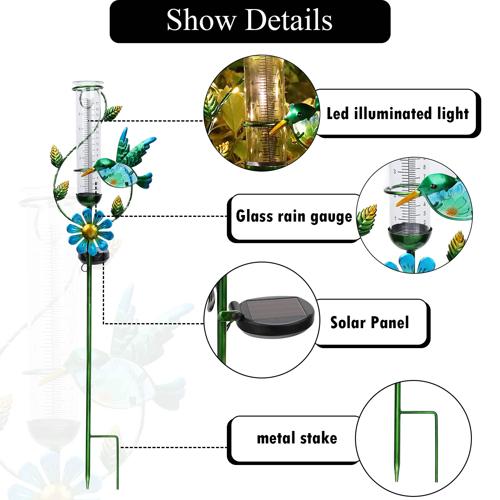 MUMTOP Pluviometro per esterni, a energia solare, da giardino, paletto in metallo, con luci a LED per giardino, cortile, patio