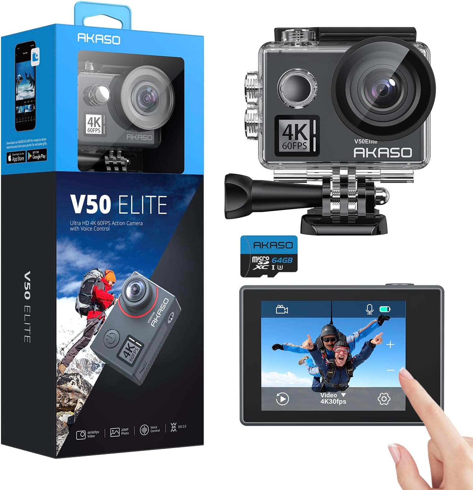 AKASO Brave 4 Pro Sportcamera, K, 30 BpS, 20 MP, Dual Display Onderwatercamera 2 X 1350 Mah Batterijen Accessoires Voor Onderwater 40 M 5 Zoom 603350393