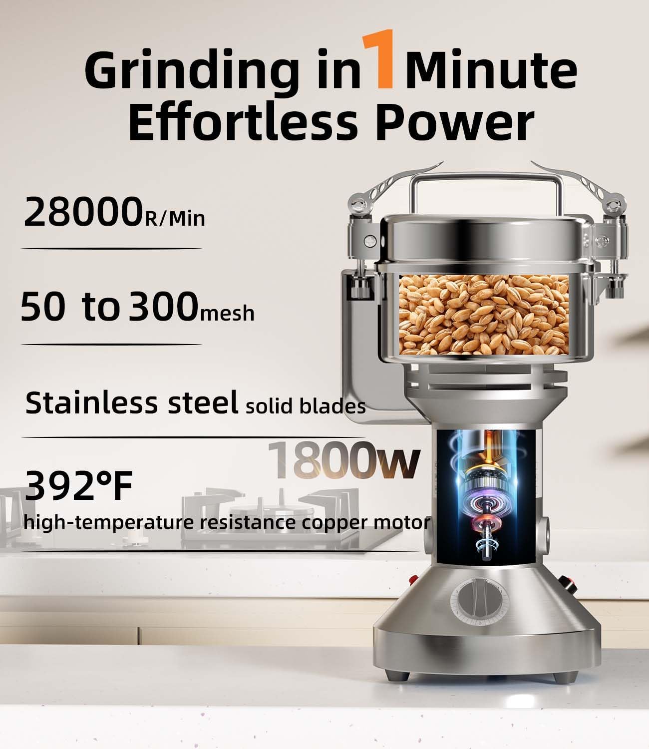 1800W Electric Grain Mill Grinder, 550g High-Speed Stainless Steel Dry Food Grinder for Wheat, Rice, Corn, Spices & Herbs, with Timer & Safety Protection