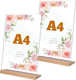 Yoosso 2 Stück Tischaufsteller, A4 Preisschilder Aufsteller L Form Tischständer Acryl Werbeaufsteller Display mit Holzfuß für Hochzeit Restaurant Büro Cafe (21 x 29,7cm)