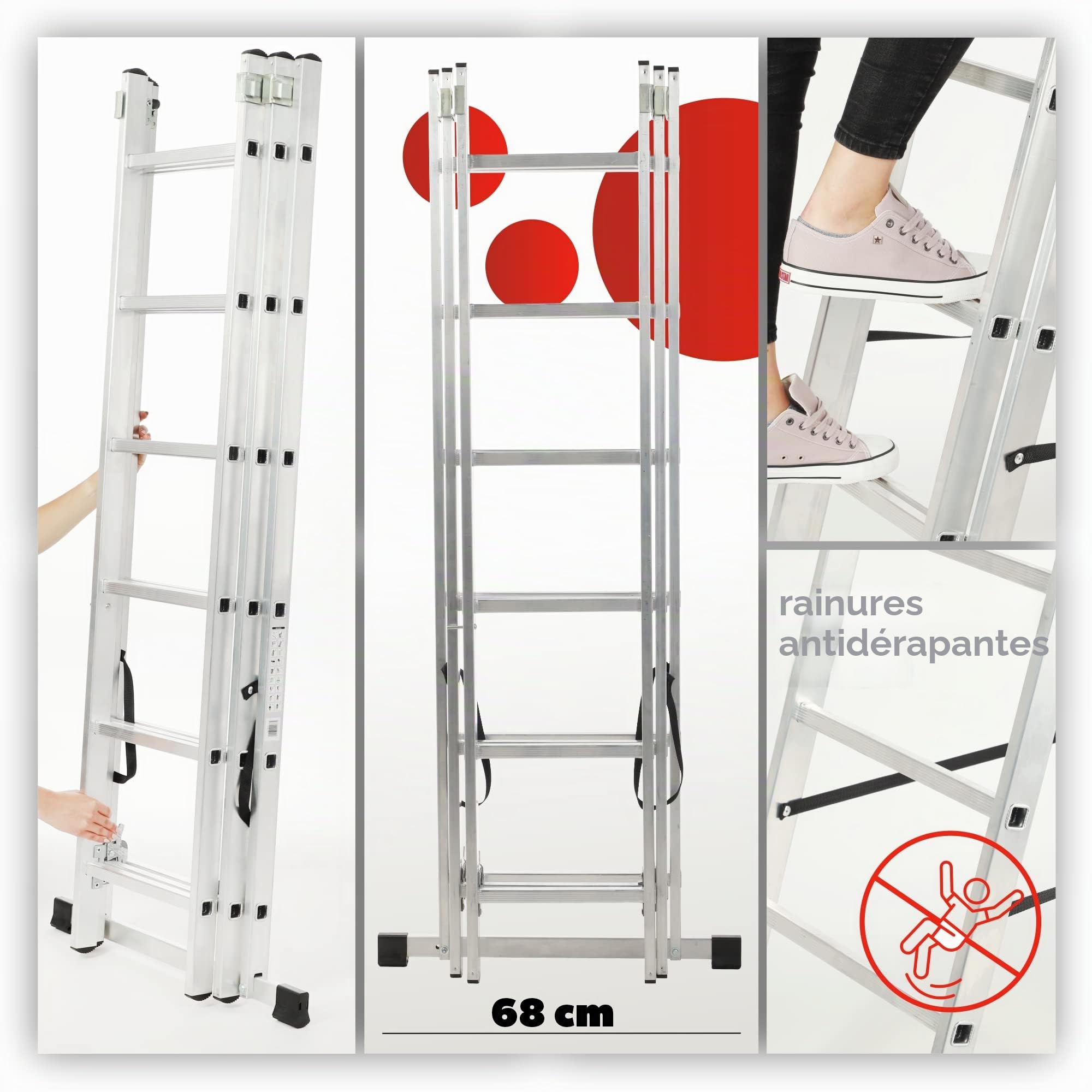 KADAX Échelle Transformable de 3 Plans, Échelle Coulissante en Aluminium, Échelle Double pour Travaux Domestiques et Professionnels (6 Marches)