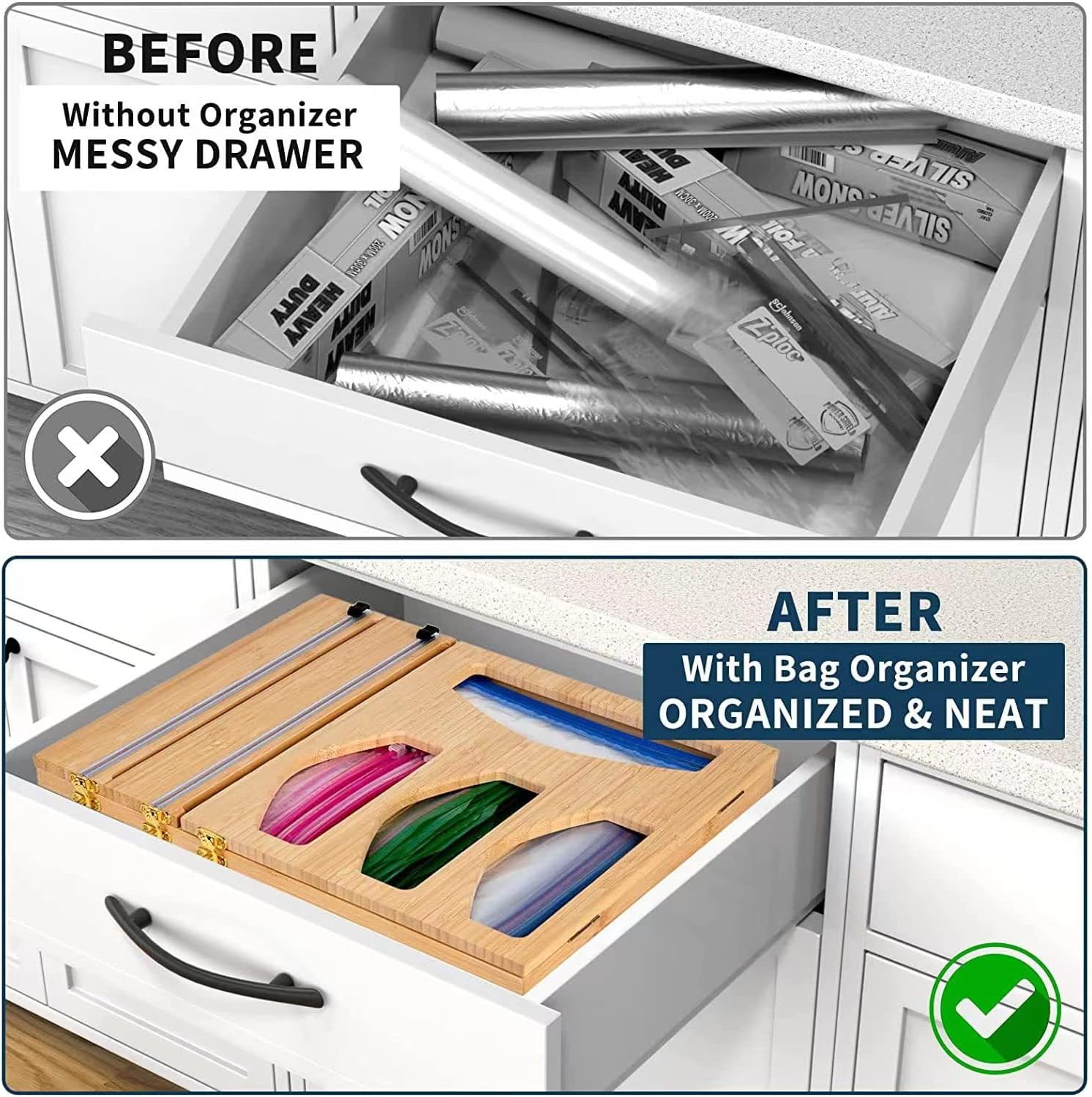 lesolar Foil and Plastic Wrap Organizer,Plastic Wrap Dispenser with Cutter and Ziplock Bag organizer,kitchen drawer organizer,Cling Film,Wax and Aluminum Foil