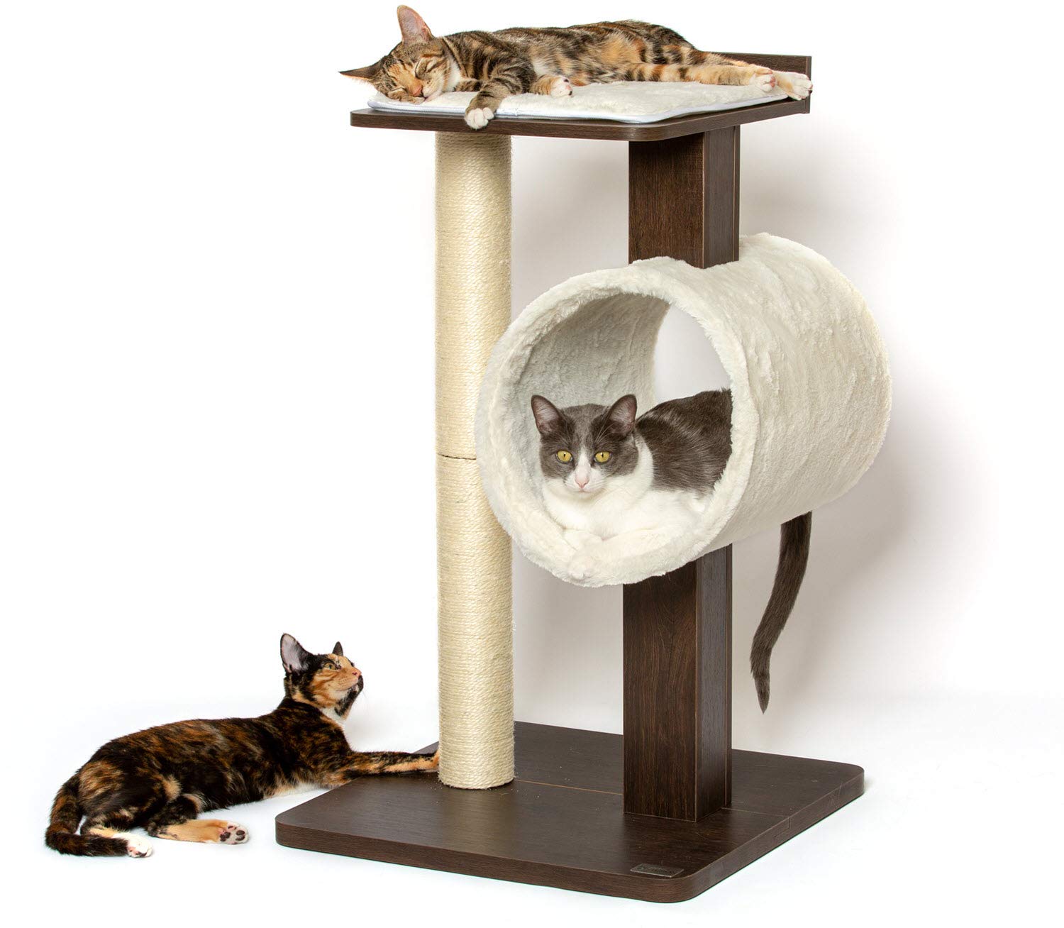 PetFusion Modern Cat Tree House & Tall Scratching Post (33" Tall). Modern and Neutral Platforms, Espresso Finish