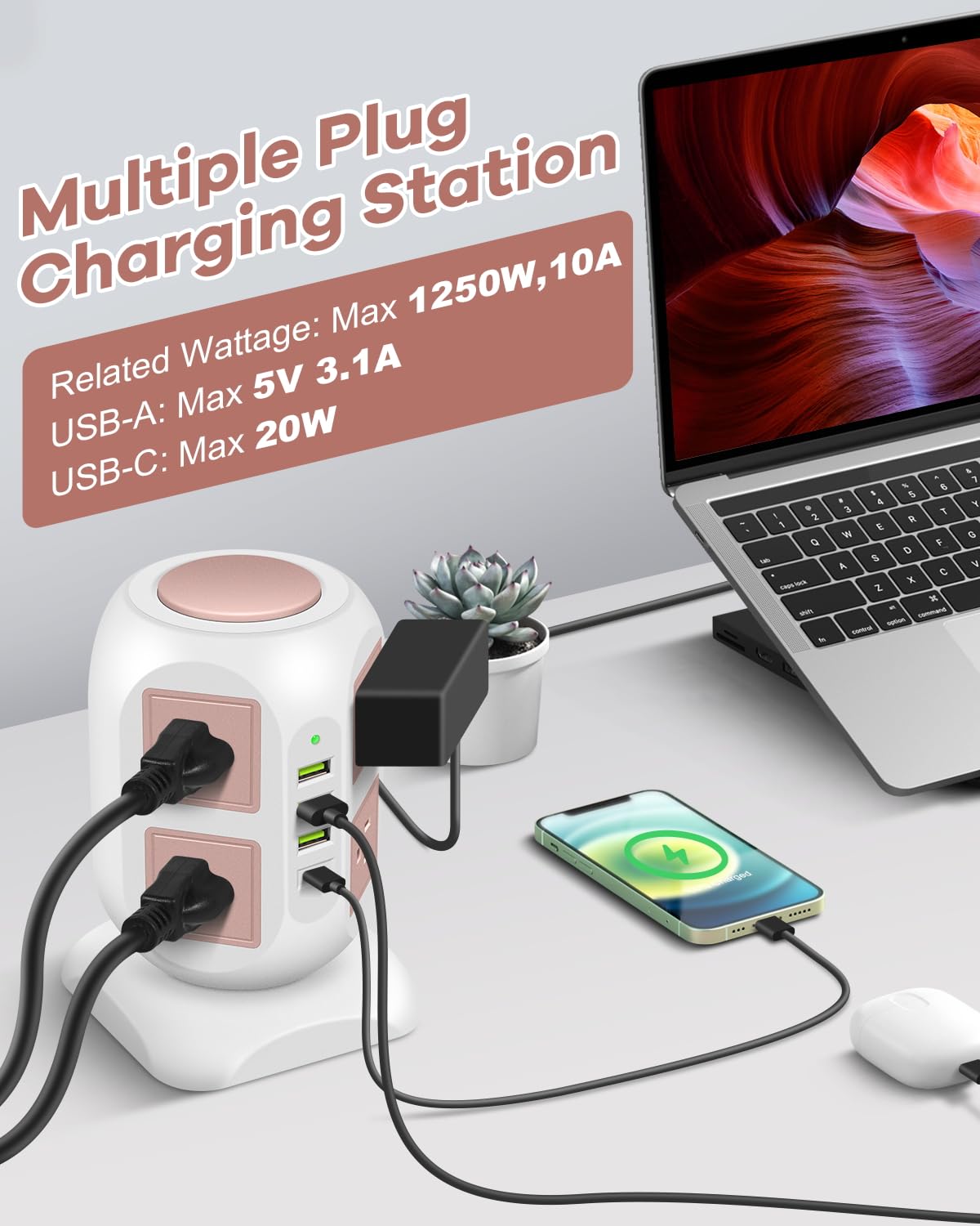 Rose Gold Power Strip Desk Accessories for Women, Girls - Flat Plug Outlet Extender (8 Outlet 4 USB Port) - 10FT Extension Cord Tower Surge Protector - USB C Charging Station - Home Office Room Decor