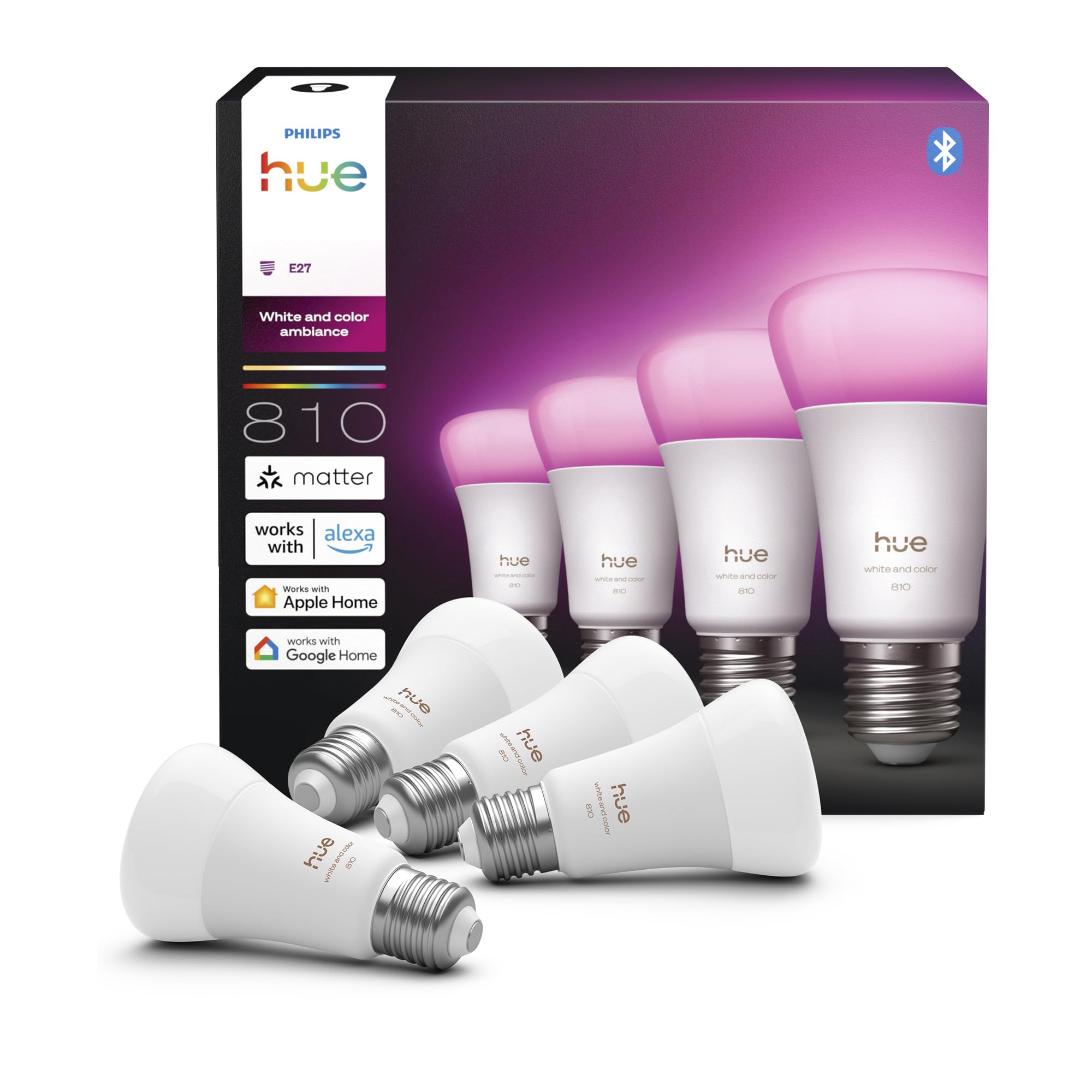 Philips Hue Smart LED A60 Bulb, White and Color Ambiance, E27 Base, 6W, Full Spectrum Light 1000K-20000K, 810 Lumens, Dimmable, Works with Alexa, Google Assistant, and Apple Home, 4 Pack