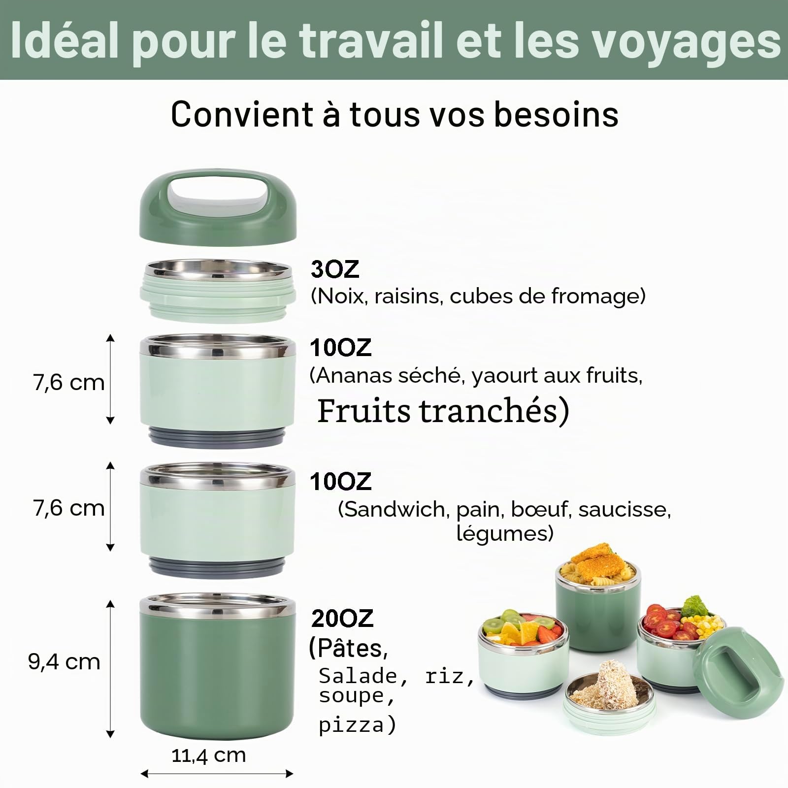 Lille Home Boîte à Lunch en Acier Inoxydable, 3 Niveaux, 1.43L | Boîte à bento isolée sans BPA pour préparation de repas. Récipient de nourriture empilable, idéal pour les déplacements