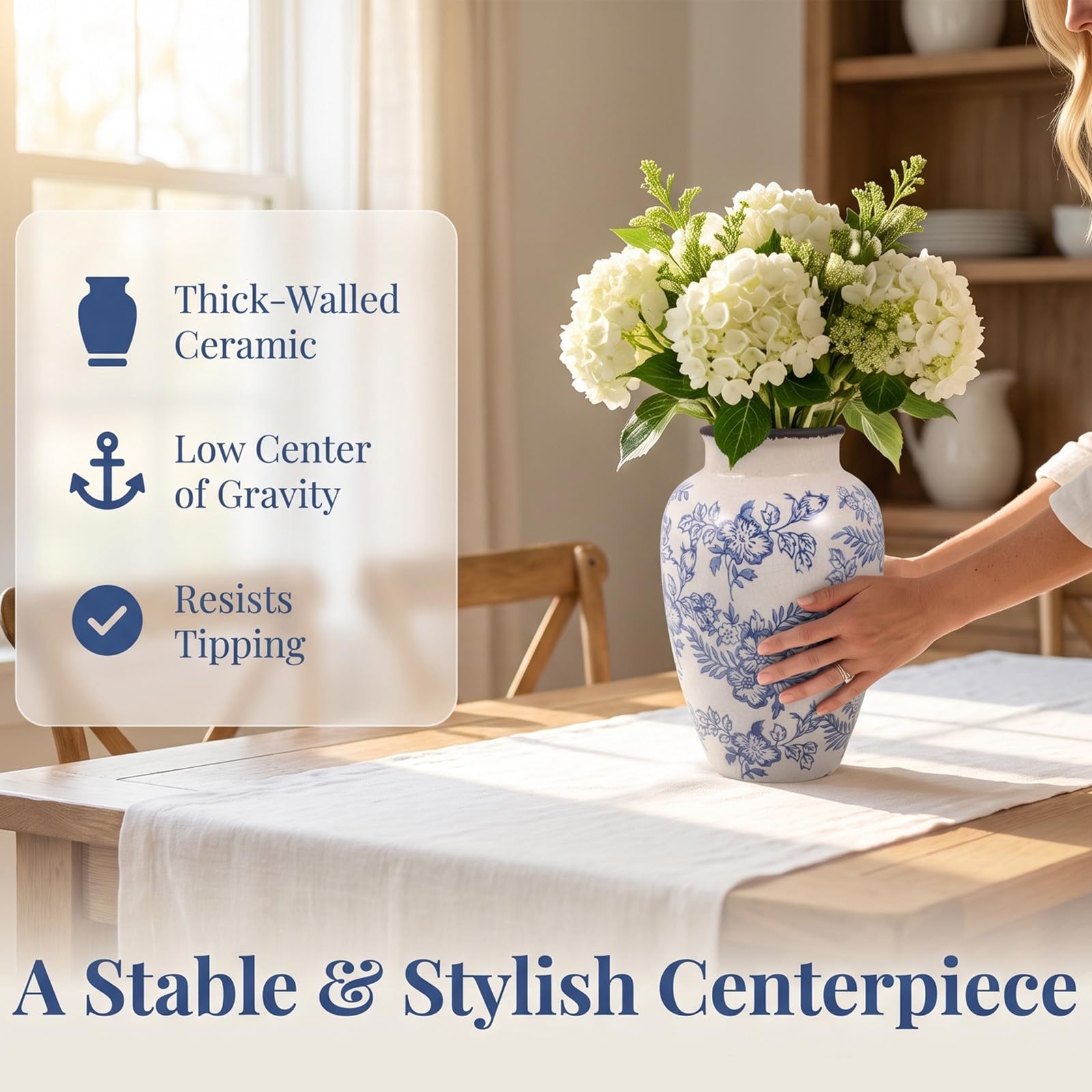 Cabilock Vintage Keramikvase im Chinoiserie Stil für Zweige | Keramik, Weiß-blaues Crackle Finish, Niedriger Schwerpunkt und Stabil, für Trockenblumen im Regal