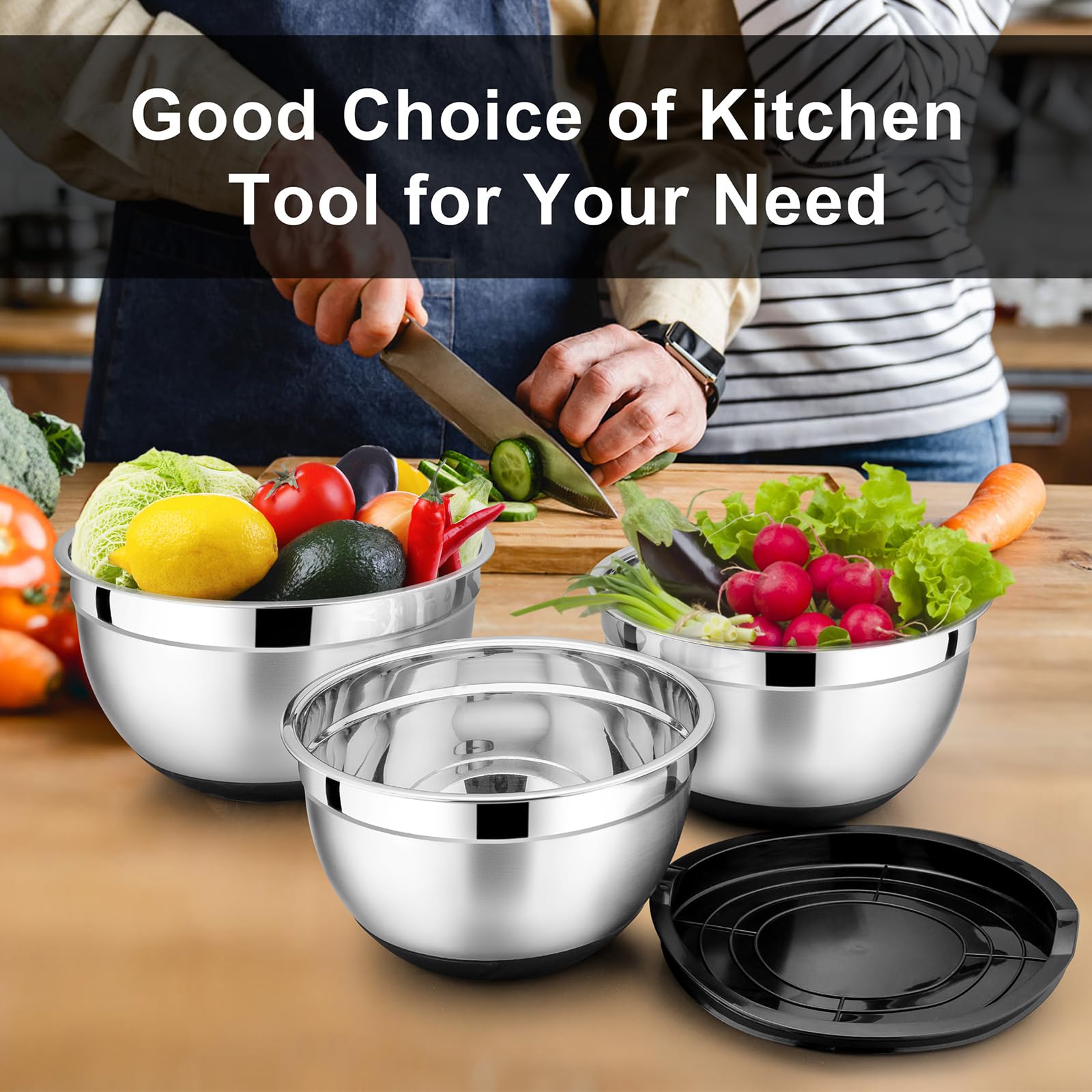 HaWare Lot de 6 saladiers en acier inoxydable pour cuisine, cuisine, service, rangement peu encombrant, fond en silicone et couvercles hermétiques, taille 4,5/3/2,5/1,5/1,2/0,7 l (noir)