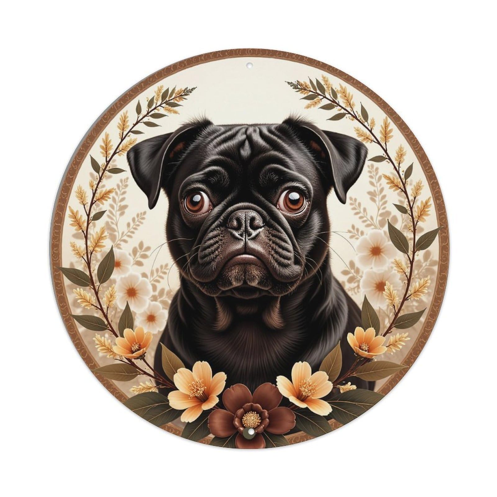 Black Pug Floral Wreath Design Metal Tin Sign Plaque