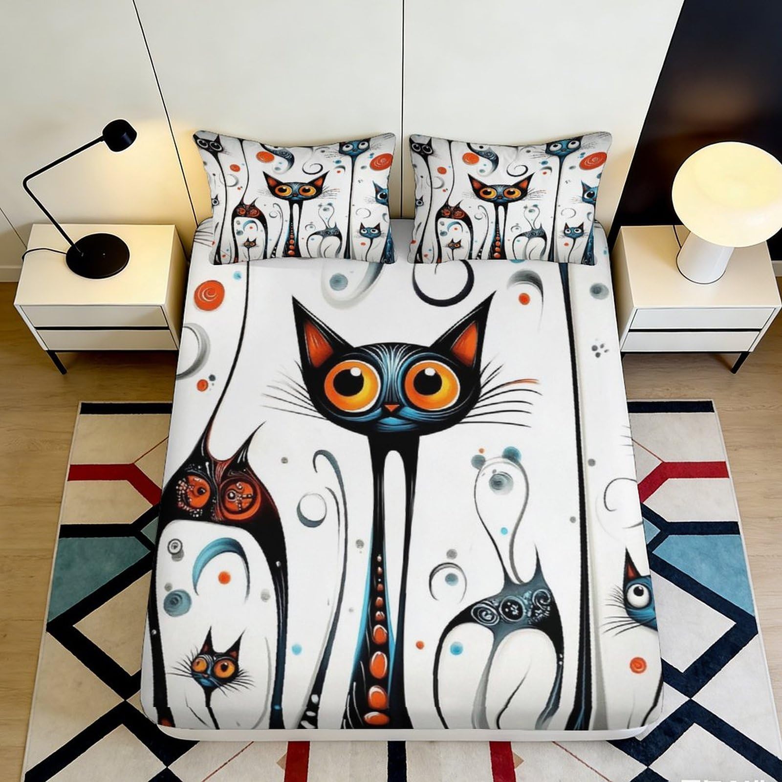 3D Printed artistic cat design Fitted Sheet, Microfiber soft touch, wrinkle resistant, guest room bedding, stylish accent, dustproof, easy care 90x200x25cm