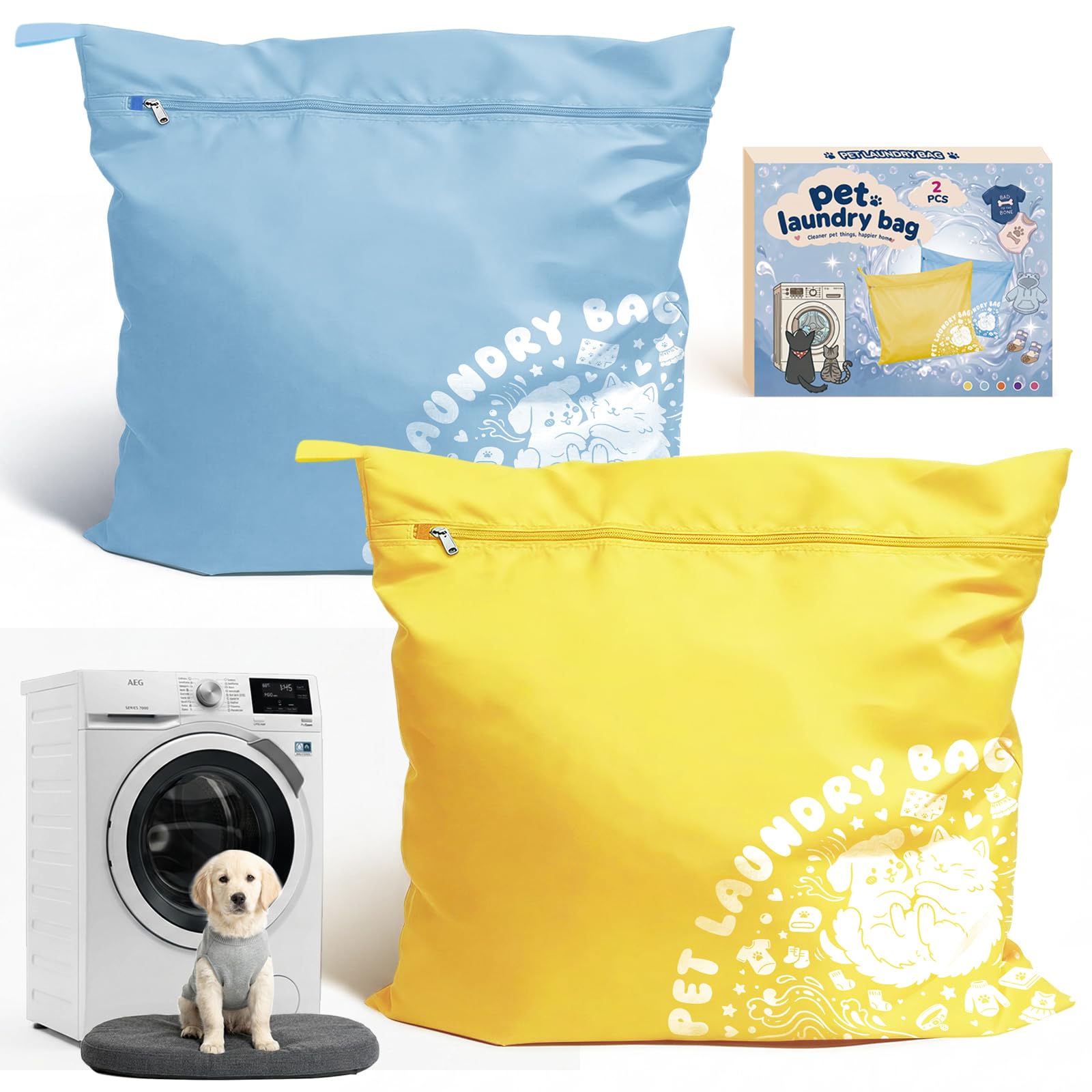 2PCS Pet Laundry Wash Bag for Washing Machine, 70x80cm Large Capacity Pet Laundry Bag for Dog Cat Rabbit Guinea Pig, Upgraded Tear-resistant Fabric, Keep Laundry Free from Pet Hair, Blue & Yeallow