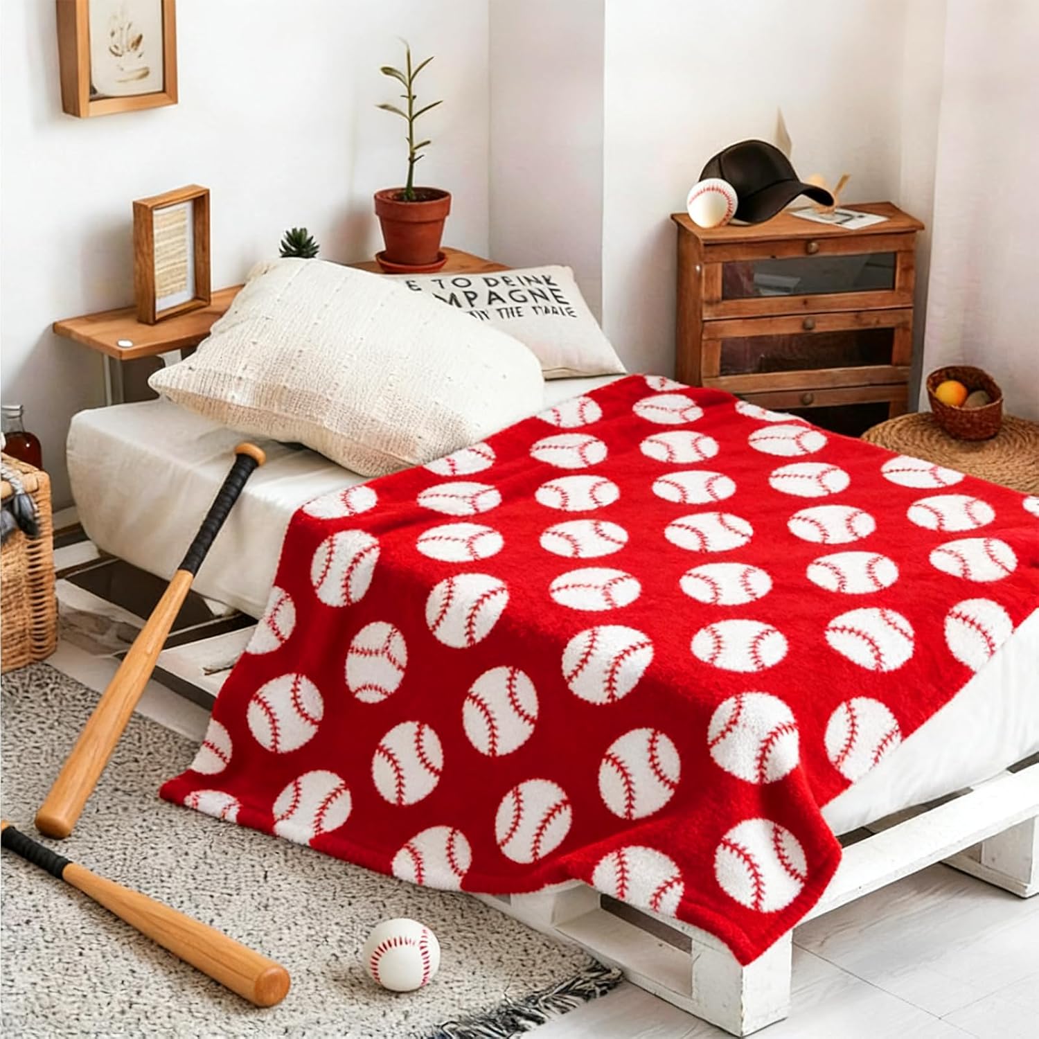 Baseball Throw Blankets Pillow Set Include Double Sided Flannel Blanket 50 x 60 Inch and Baseball Plush Throw Pillows Cushion for Couch Sofa Bed Decorations