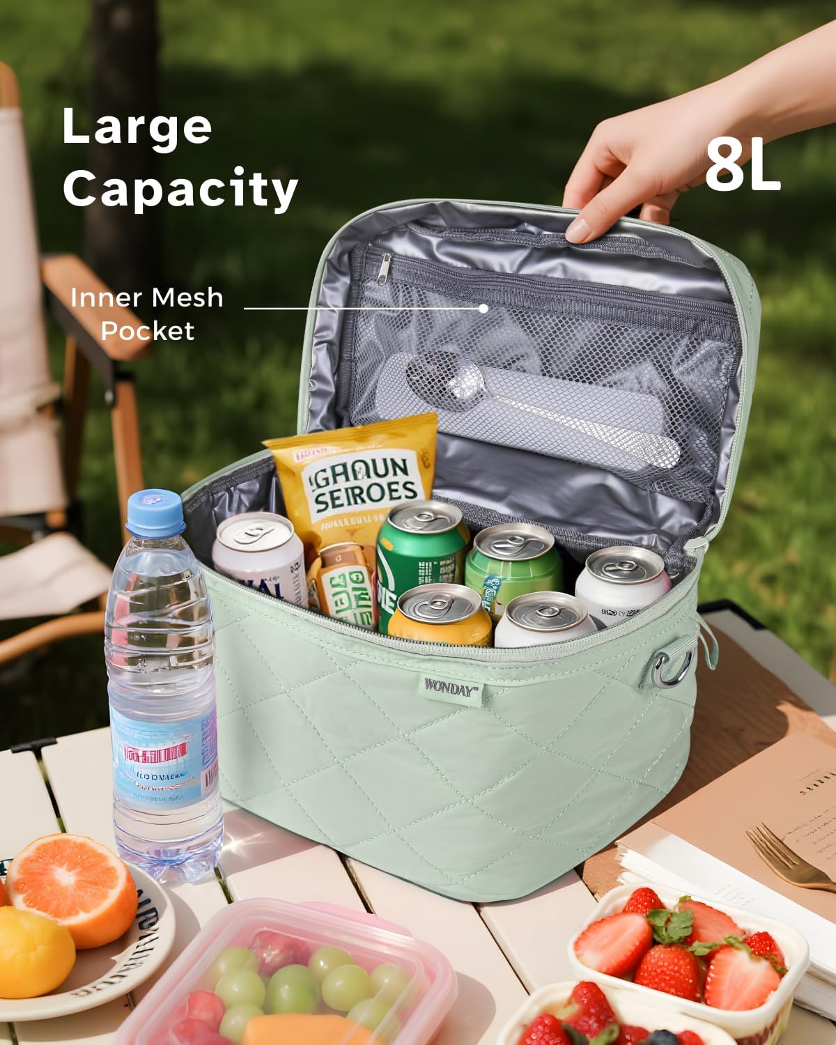 WONDAY Insulated Lunch Box for Women, 8L Green Puffy Lunch Bag with Shoulder Strap, Waterproof, Leakproof, Reusable, Keeps Food Fresh, Perfect for Work, Travel, Picnic