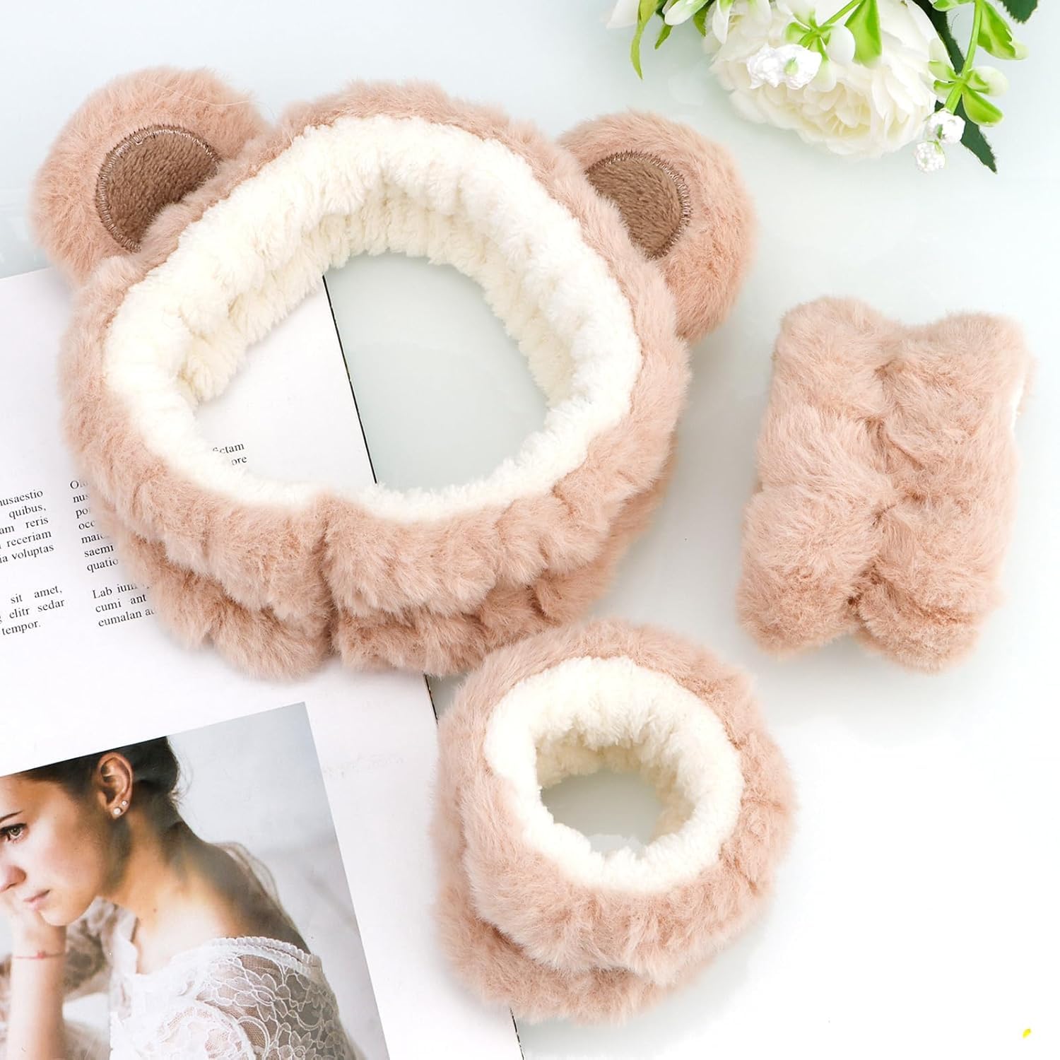 Fuzzy Bear Ear Headbands with Matching Wristbands for Women's Facial Makeup, Skincare, Spa, and Face Washing (Brown) - Image 3