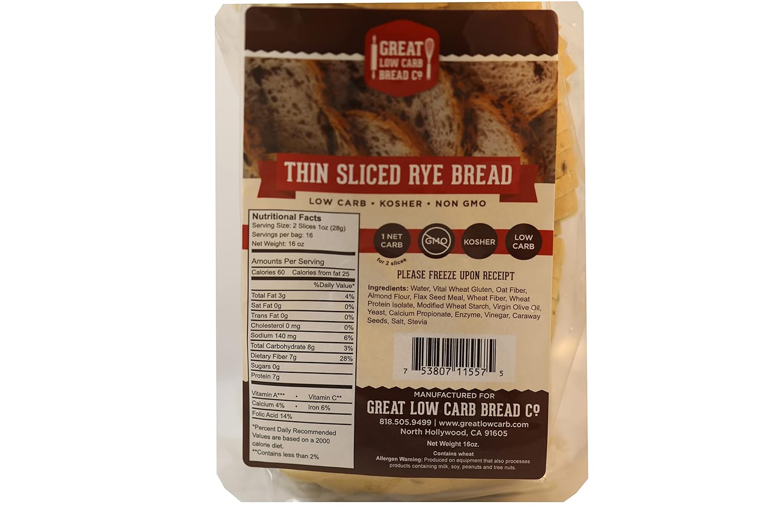 Great Low Carb Thin slice Rye Bread 16 oz loaf Pack of 4