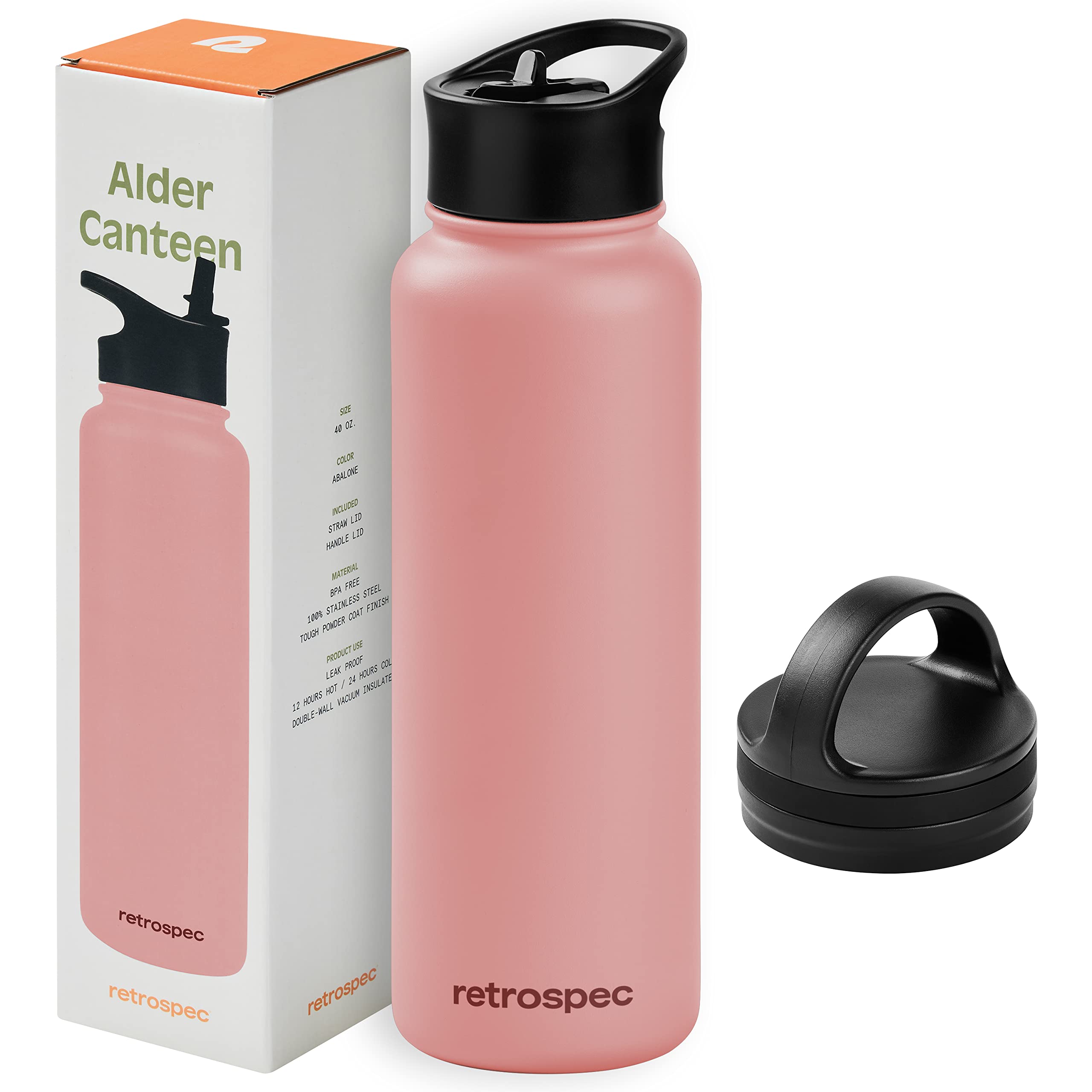 Retrospec Alder Insulated Water Bottle with Straw Lid & Handle Cap - Stainless Steel Wide Mouth Double-Wall Vacuum Insulated Thermos - BPA Free