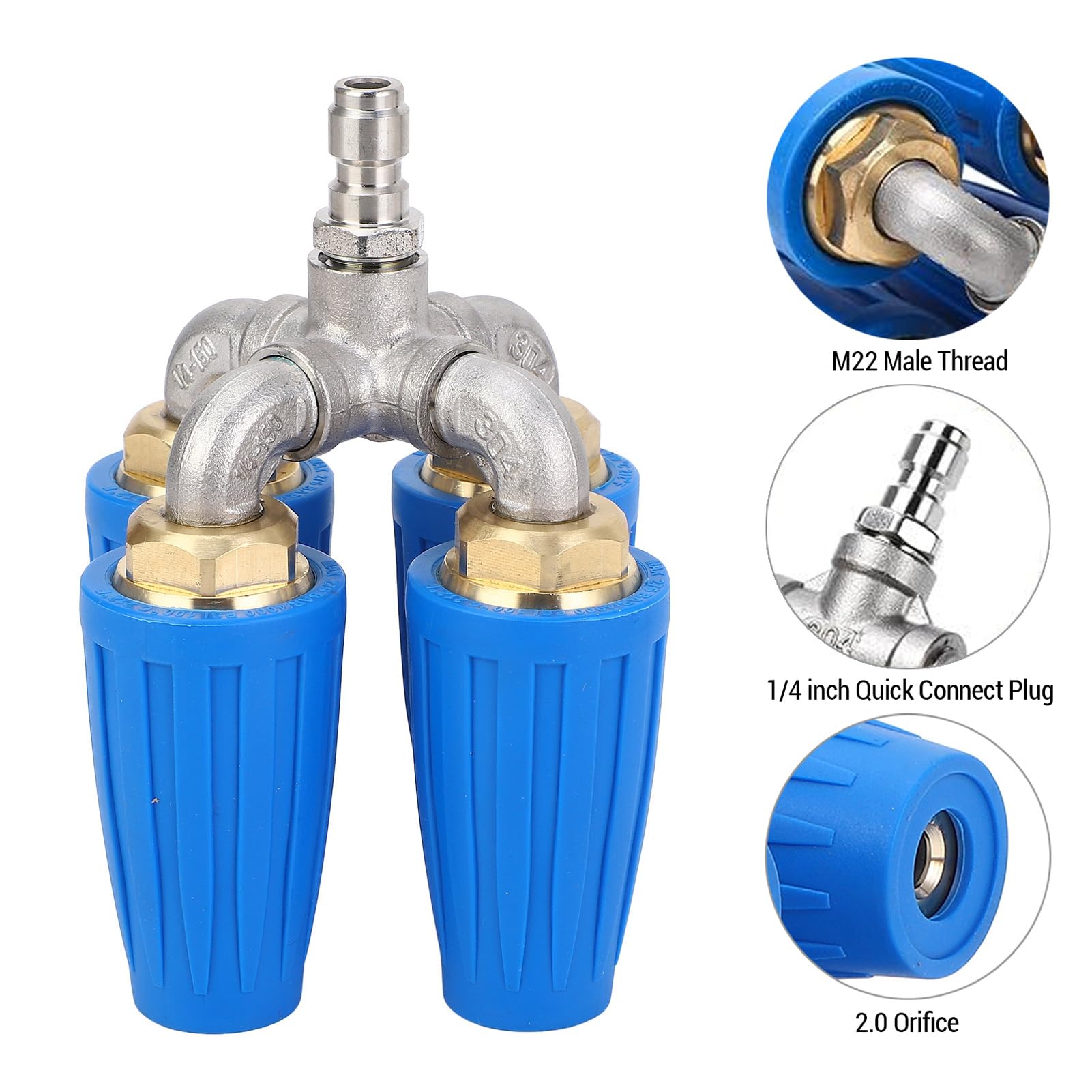 WOHPNLE Pressure Washer Nozzle, 4 in 1 Stainless Steel & Brass Turbo Nozzle 4000PSI with 360° Rotating Spray 1/4 Quick Connect for Vehicle, Floor, Patio