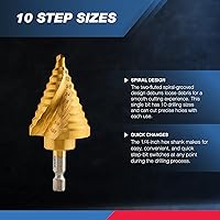 Vista 3 de NEIKO 10174A Quick Change Spiral Grooved Step Drill Bit 10 Step Drill Bit Sizes in One - 1/4" to 1-3/8" High-Speed Steel and Titanium Nitride