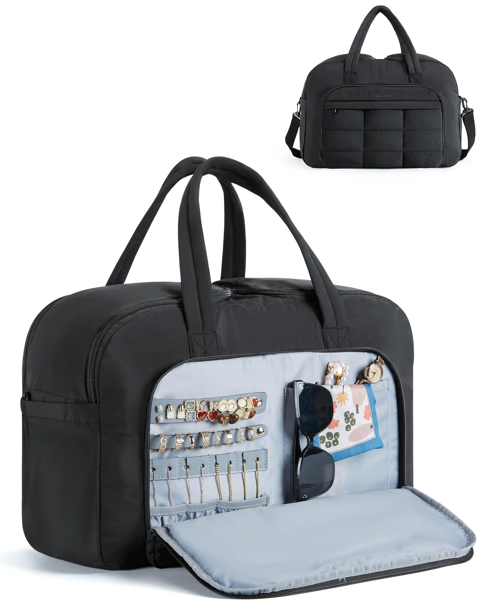 BAGSMART Travel Duffel Bag, Carry on Travel Bag with Jewelry Compartment, 35L Weekender Duffle for Women, Water Resistant, Black