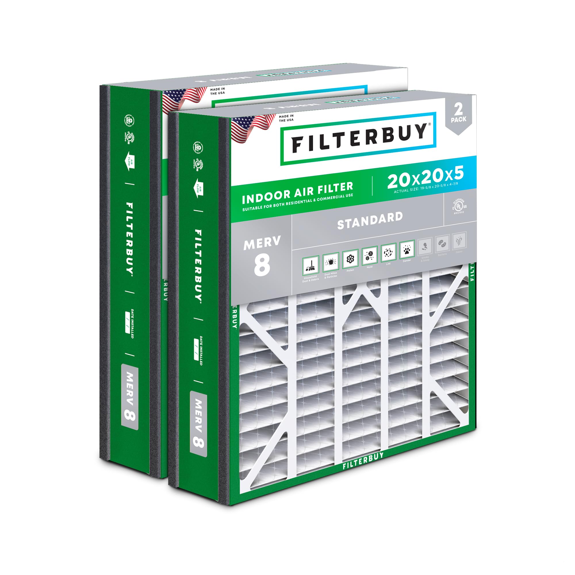 Filterbuy MERV 8 - Filtro de aire de 20 x 20 x 5 pulgadas, defensa contra el polvo (paquete de 2), filtros de aire plisados de repuesto para horno de aire acondicionado Trion Air Bear 255649-103 y más