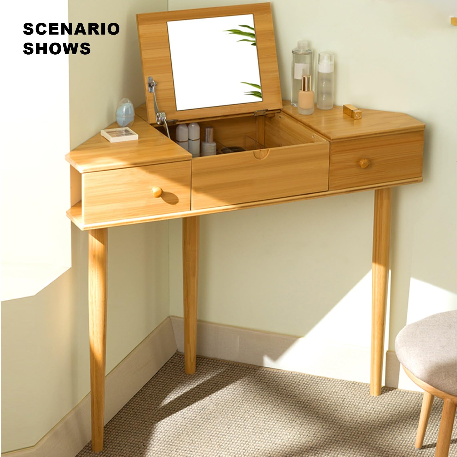 Tavolo da toeletta con specchio pieghevole, elegante scrivania per piccoli spazi, postazione trucco compatta con cassetto portaoggetti, elegante tavolo per camera da letto