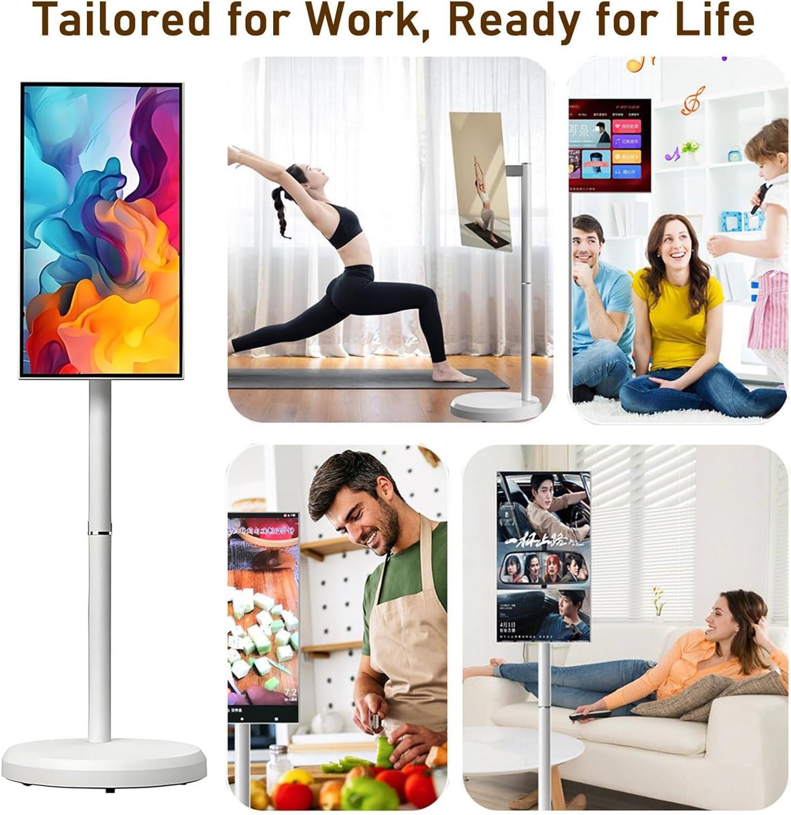 Smart TV touch screen wireless portatile 1080p su ruote, 24 pollici, supporto da pavimento regolabile, rotazione a 360°, 8 G RAM, memoria 128 G, ideale per uso domestico e ufficio