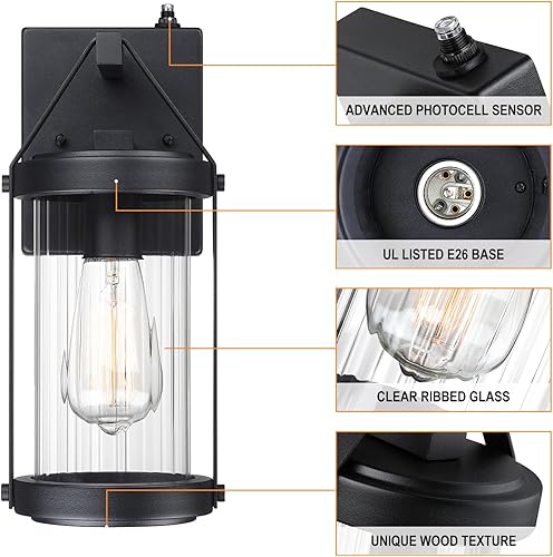 Miniatura 3 de LONEDRUID Paquete de 2 lámparas de pared para exteriores, con sensor de anochecer a amanecer, farol negro para porche exterior, impermeable, montaje