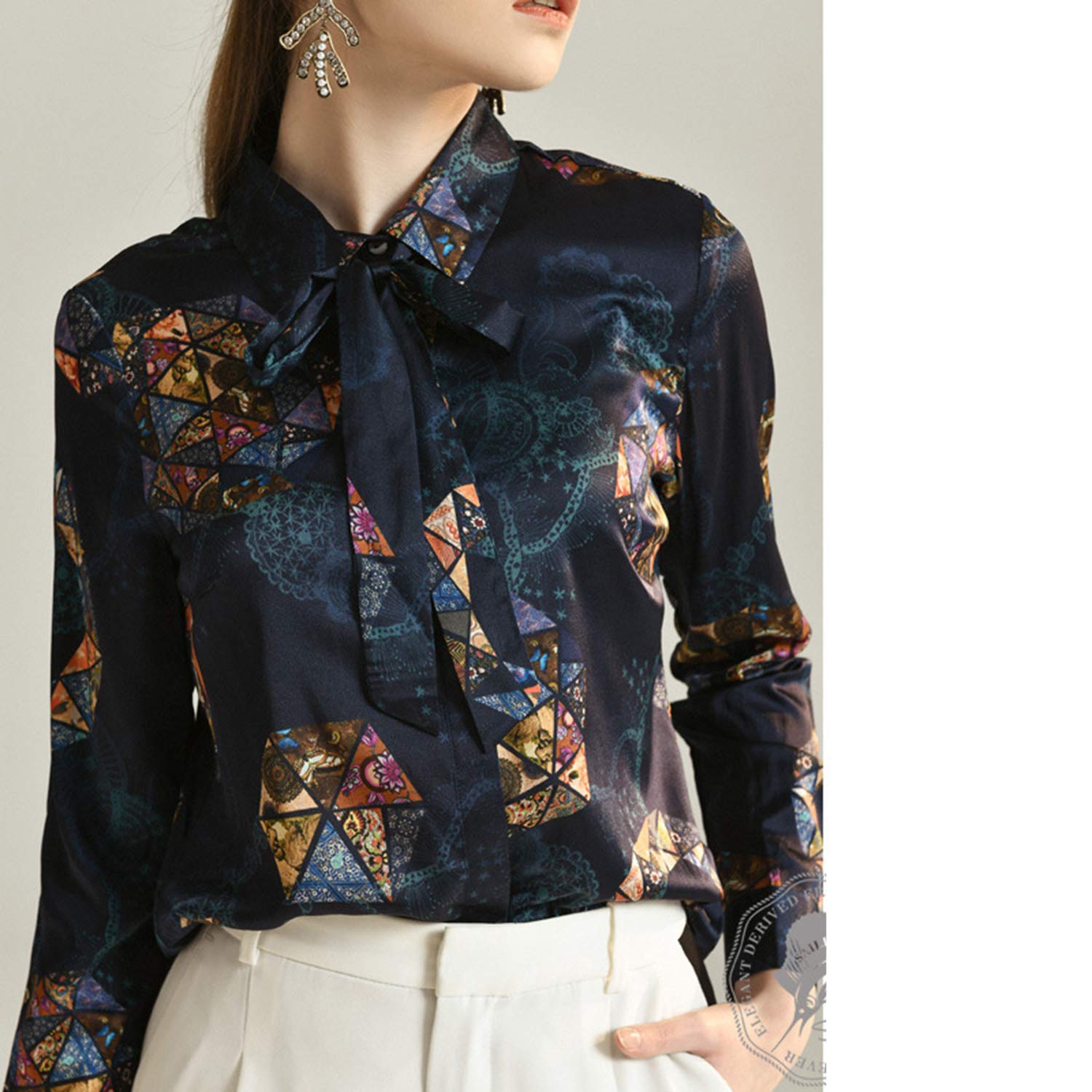 Camicia A Maniche Lunghe in Seta con Stampa Stelle, Top con Fiocco in Pizzo da Donna, Camicetta Elegante