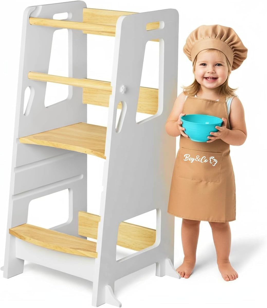 Bey&Co® Wooden Learning Tower – Observation Tour for Children – 3 Adjustable Heights, Non-Slip Surface and Stable Legs – Montessori Method – 12 Months and Above