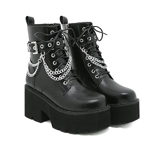 Womens Gothic Platform Combat Boots Lace Up Studded Mid Calf Motorcycle Booties Fashion Block Heel Ankle Booties