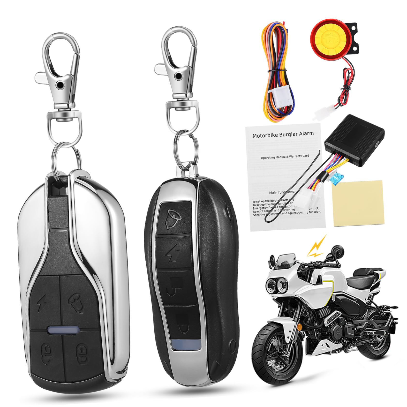 SHINEOFI Sistema di Allarme per Moto 12v 2 Telecomandi, Sensibilità Regolabile e Avviamento Remoto del Motore, Compatibile Moto