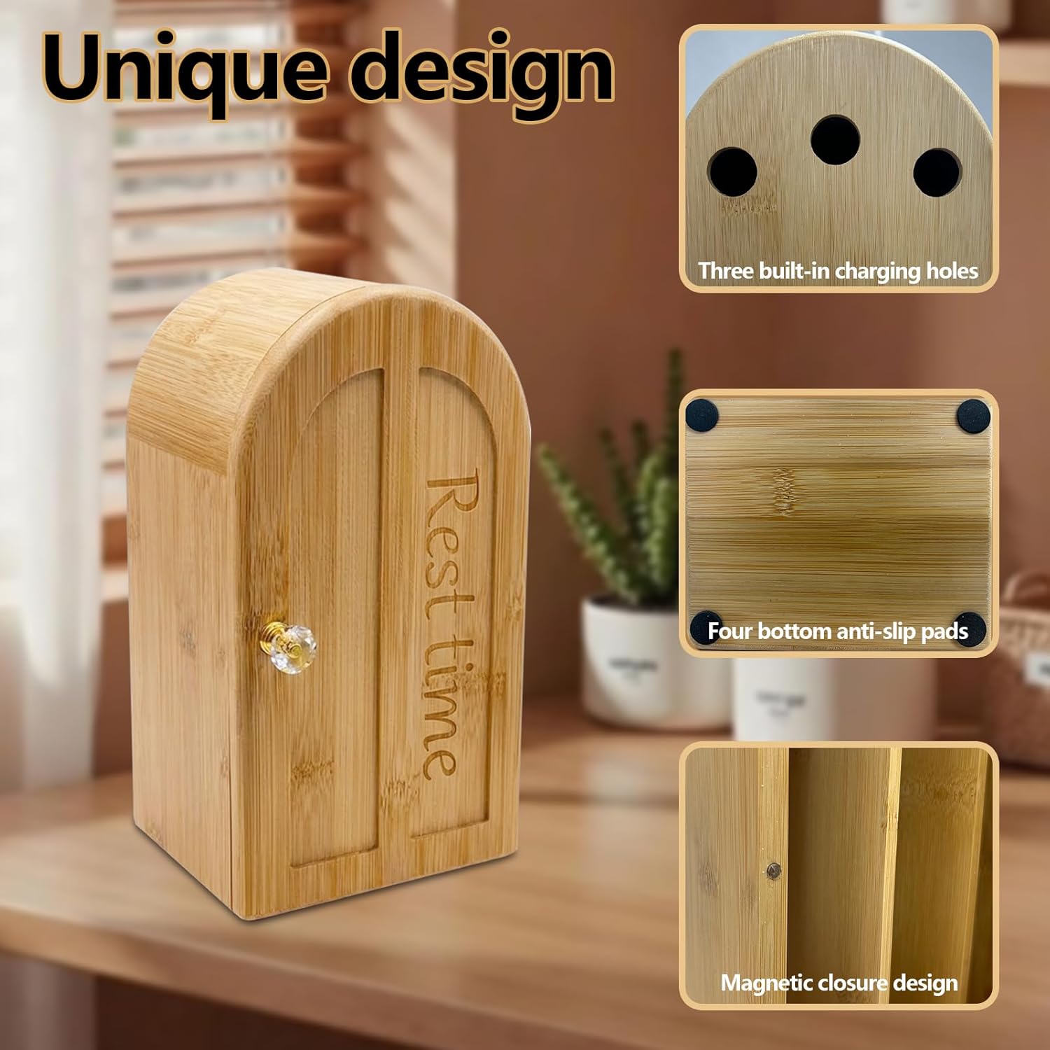 Phone Box for Family Time, Bamboo Wood Phone Box with Charging Holes, 3 Sections Hold 6 Phones, Phone Self-Discipline to Help Kids,Students, Adults Focus Back