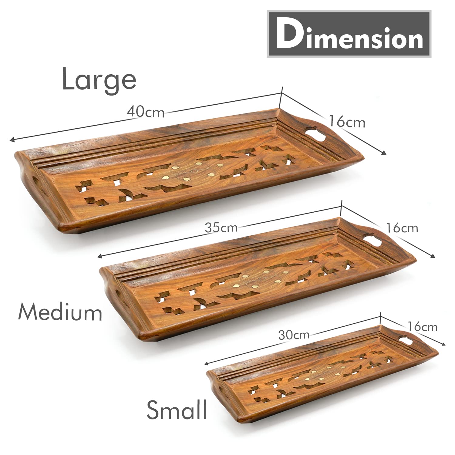 Naayaab Craft Premium Pakka Sheesham Wooden Rectangular Serving Tray | Handmade & Handcrafted Serving Platter - Set of 3 2