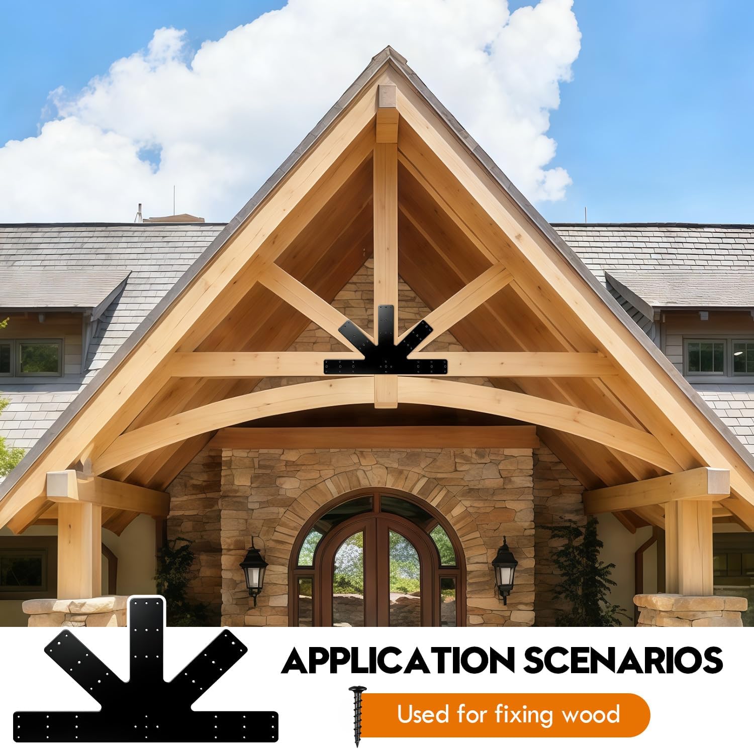 2-Pack Gable Plate - Black Powder-Coated Truss Connector Plates, 24"x13.5" Truss Reinforcer, 12:12 Pitch Gable Bracket, Decorative Gable Plate with Bolts for Wooden Beam Use
