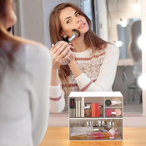 Miniatura 5 de LETURE Organizador de escritorio de oficina de papelería con 4 cajones, organizador de maquillaje de tocador, organizador de almacenamiento de