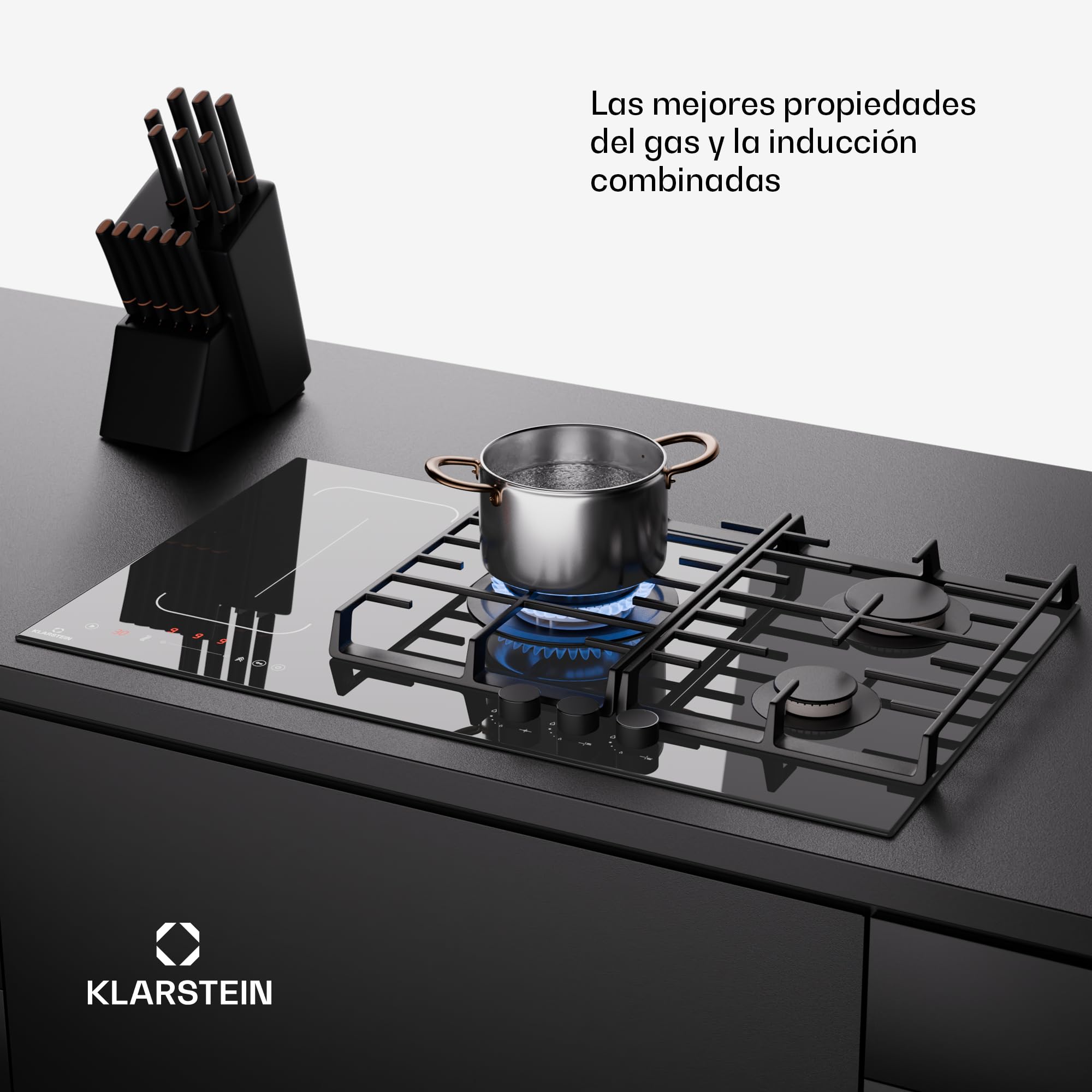 Klarstein MultiChef 5 Placa Mixta Gas Inducción - 5 Zonas (3 Gas, 2 Inducción), Flexzone, Control Deslizante, Stop&Go, Temporizador, 10.6Kw, Negro