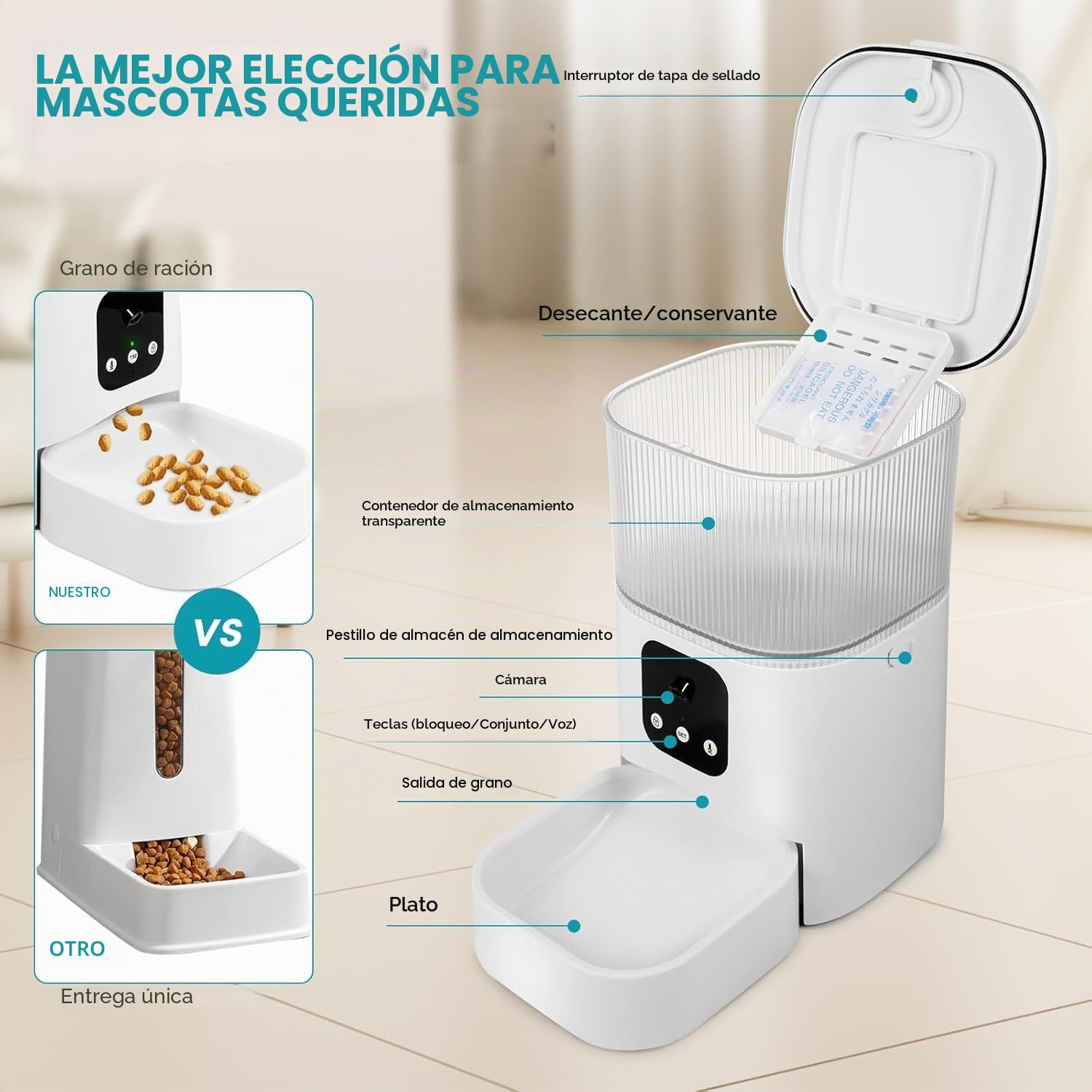Comedero Gato Automatico con Cámara, 3L Dispensador Comida 2,4G WiFi+Bluetooth Comedero Automatico Gato, Función Temporizador y Grabadora de Voz