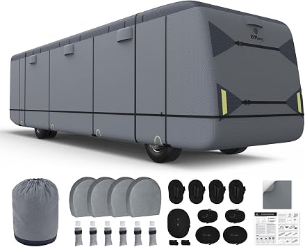 RVMasking Class A RV Cover, 341"-38 Heavy Duty 7 Layers Top Class A Motorhome Cover with 4 Tire Covers, Windproof Rip-Stop Anti-UV Camper Cover, Dark Gray