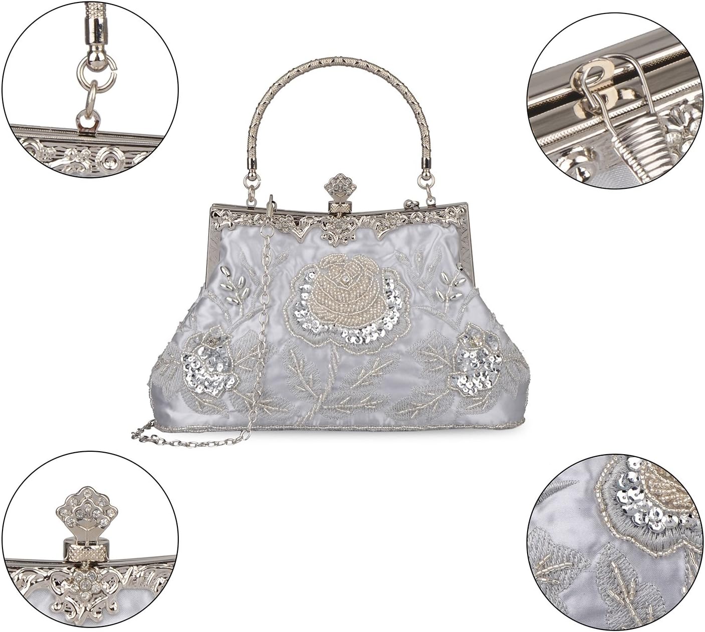 Women's Handbag Vintage Rose Embroidered Beaded Sequin Evening Bag Wedding Party Clutch Purse