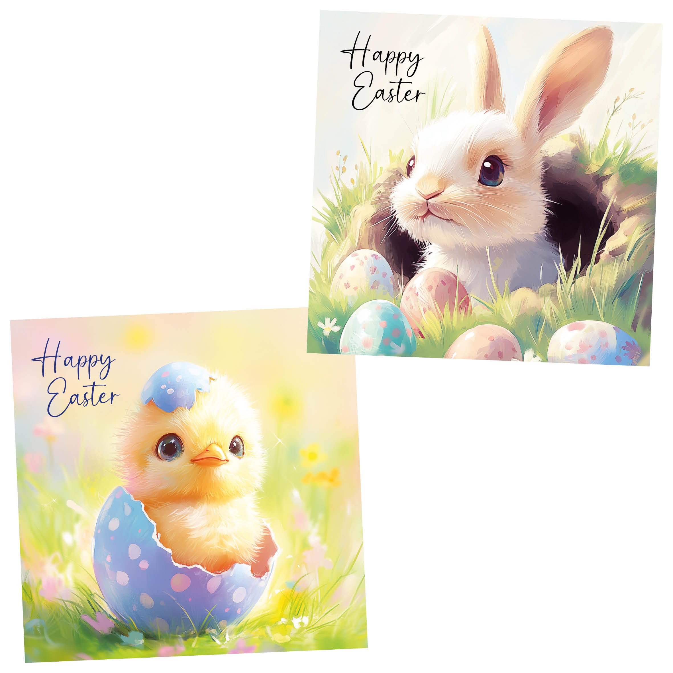 Easter Cards Pack of 10. Each multipack contains 2 different Easter Chick and Bunny Designs. Ecofriendly, recyclable