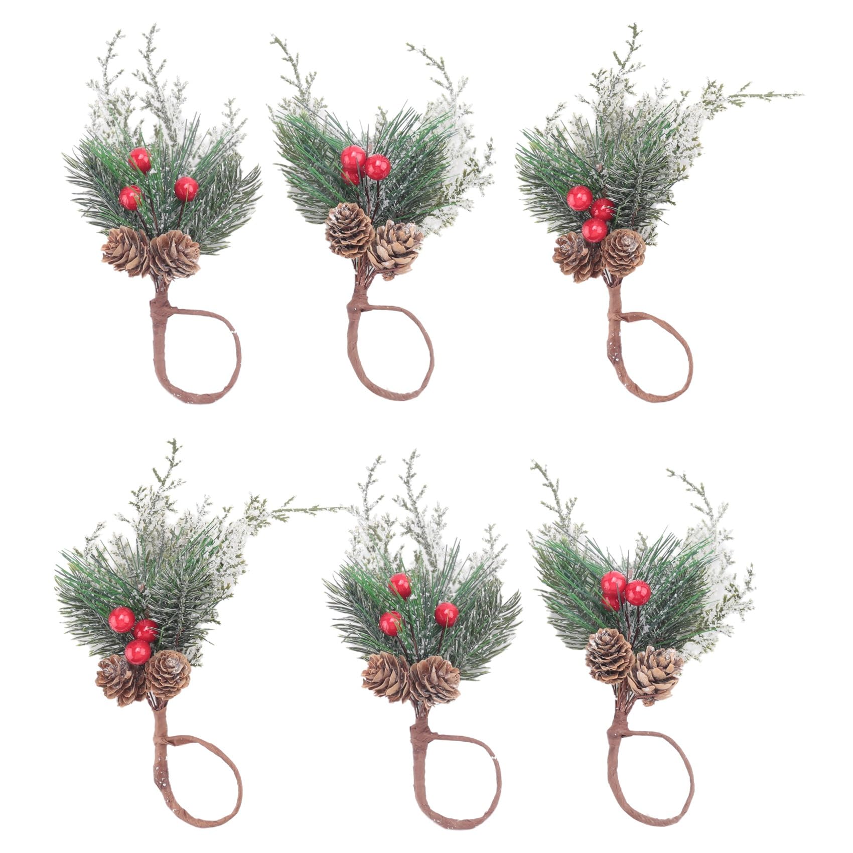 CTRLZS Christmas Napkin Rings Set of 6, Napkin Holder Rings with Artificial Pine Cones Branches Red Berry Decor