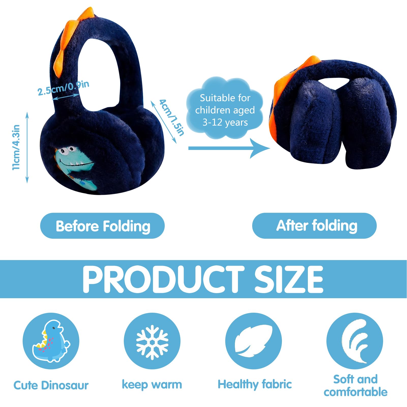 Nexoria Orejeras para niños, orejeras plegables para niños, orejeras de felpa de invierno, cálidas orejeras de dinosaurio con banda elástica, orejeras para niñas y niños