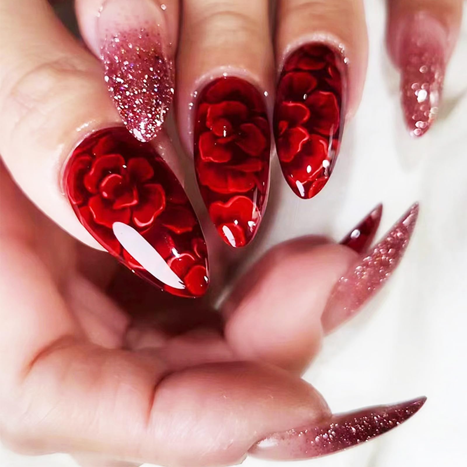 24Pcs Rose Press on Nails Gel Glue on Nails for Manicure Art. Glossy Gold Glitter Acrylic False Nails With Flower Design. Gradient Medium Almond Full