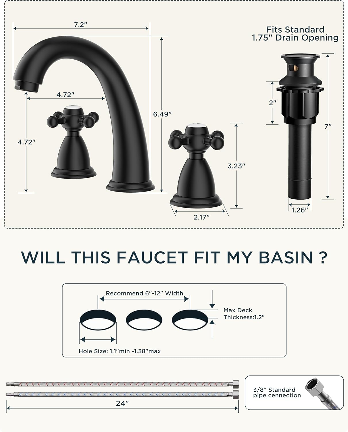 FORIOUS Bathroom Sink Faucet 8 Inch, Matte Black Bathroom Faucet 3 Hole with Pop Up Drain and Water Hose Supply, 2 Crosse Handle Design,for Vanity RV Farmhouse Sink