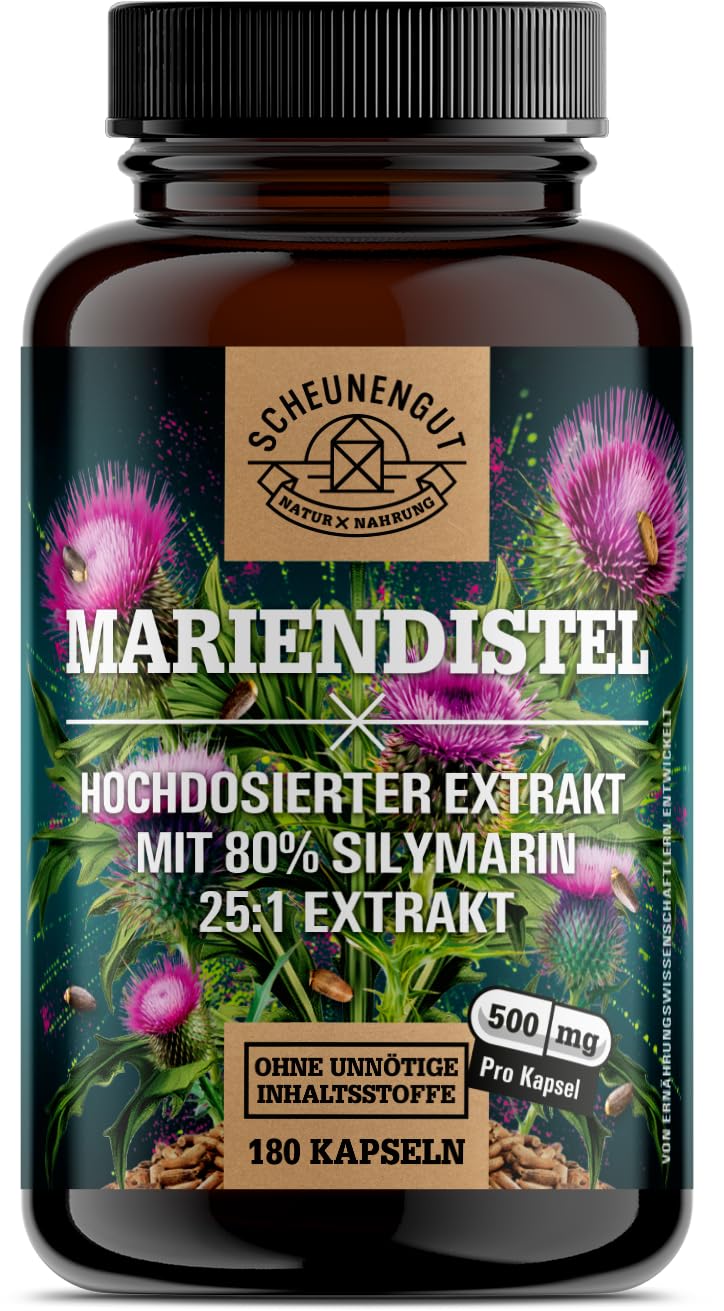 Mariendistel Kapseln 1500mg -WICHTIG: 25:1 Extrakt (=37500mg reines Mariendistel pro Tagesdosis) +80% Silymarin -Silymarin Hochdosiert- Laborgeprüft und Vegan DE SCHEUNENGUT®