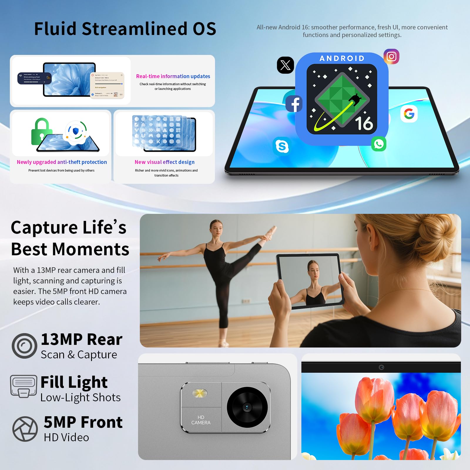TECLAST M50T Android 16 Tablet 10.1 Pollici Gemini AI, 2GHz Octa-Core, 32GB RAM+128GB ROM+5TB TF, 7000mAh, 2.4G+5G WiFi, GMS Widevine L1, Bluetooth 5.4, 13MP, Face ID/3.5MM/OTG, 2026 Tablets con Penna