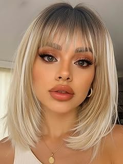 Highlight Blonde Layered Wigs with Bangs 14 Inch Short Ombre Blonde Balayage Glueless Ready-to-Go