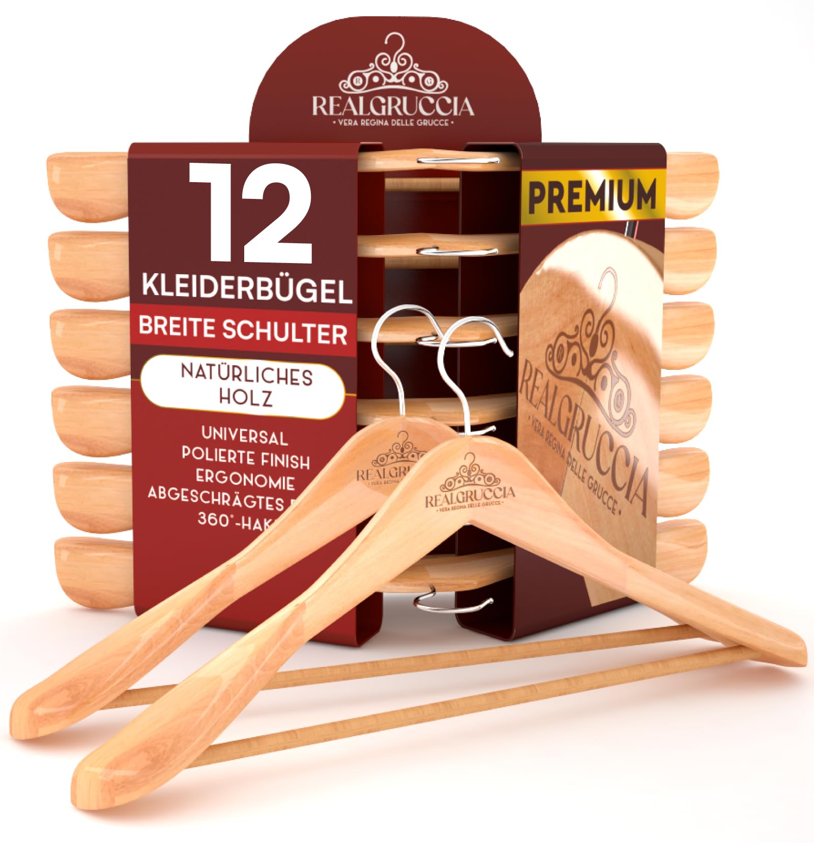 12 Kleiderbügel aus Holz Breite Schulter Holzbügel Farbe Naturholz Hosensteg Mäntel Hemden - RealGruccia mit Polierter Oberfläche Drehbaren Hakens und Abgeschrägte Profile - 24x45cm